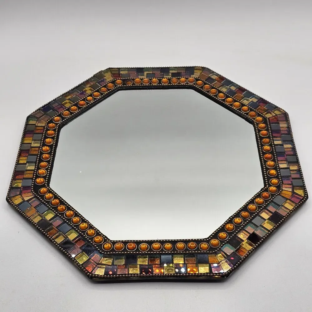 PartyLite Global Fusion Mosaic Octagonal Wall Mirror Candle Tray Amber Tiles
